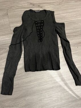 Charcoal Cold-Shoulder Lace-Up Ribbed Top